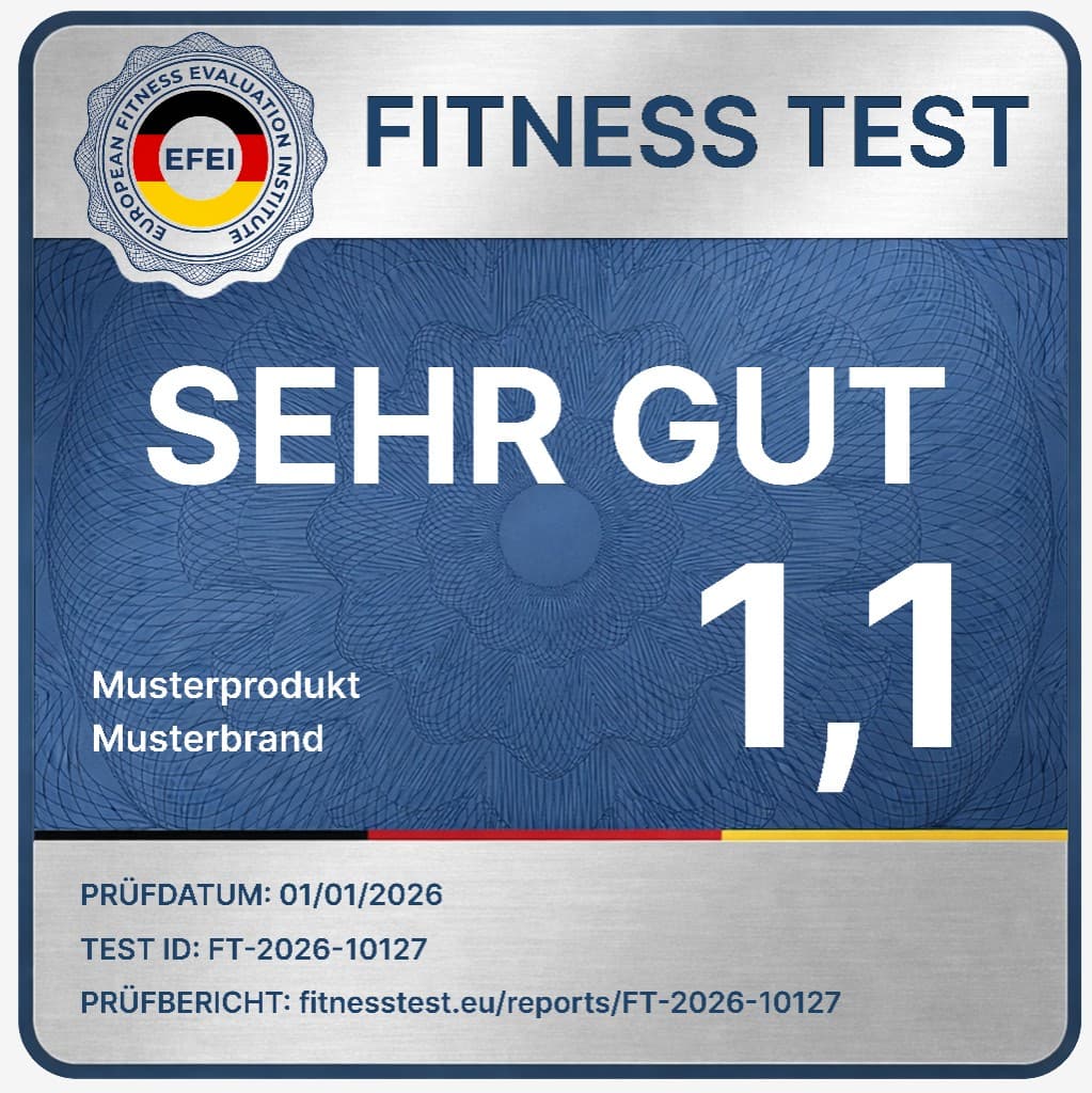 Sample FitnessTest evaluation badge layout: rating band, score, product and brand lines, test date, evaluation ID, and report URL.